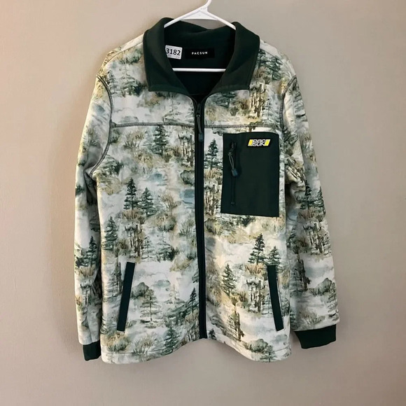 Pacsun Mens Green White Full Zip Jacket Medium Scenic Polar Fleece Forest Trees - Picture 4 of 13